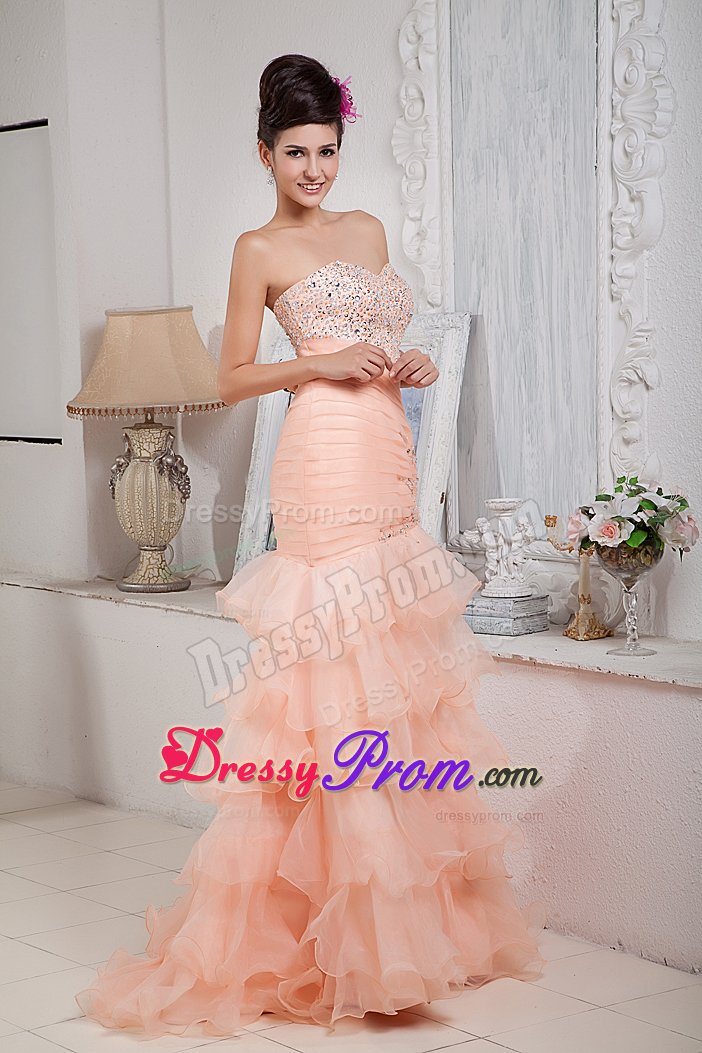 Cheap Sweetheart Beaded Peach Prom Dress with Ruffled Layers