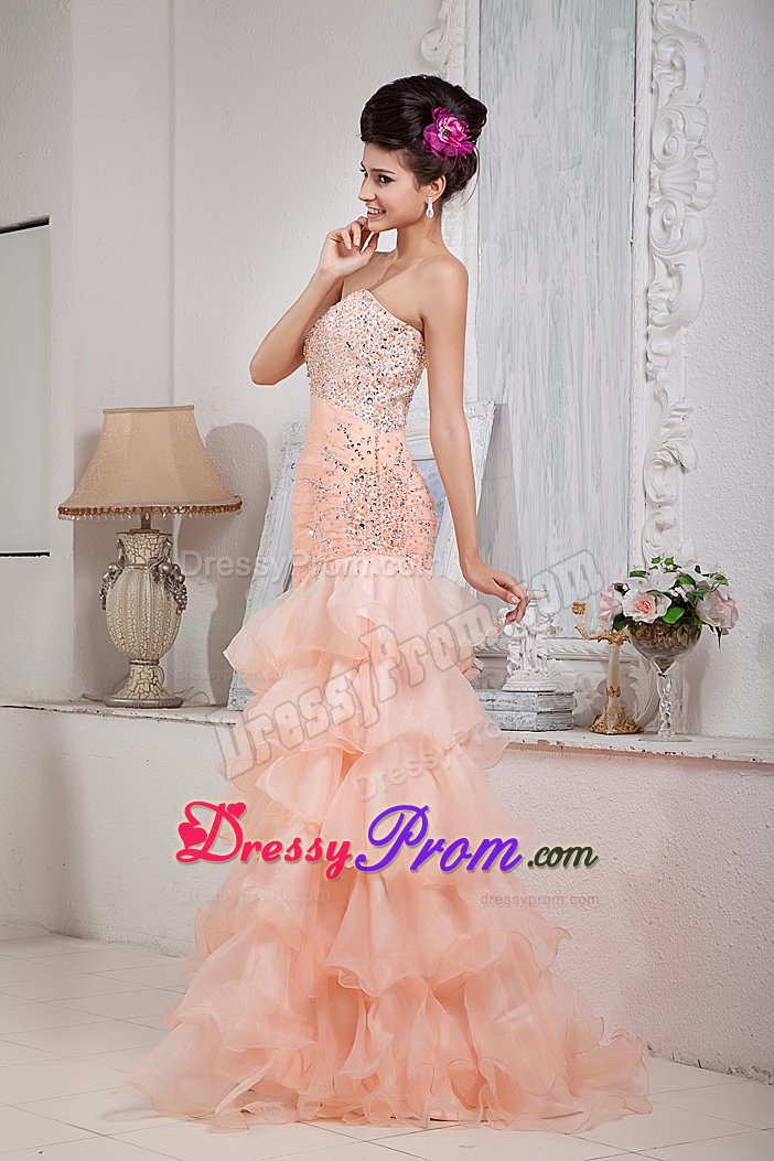 Cheap Sweetheart Beaded Peach Prom Dress with Ruffled Layers
