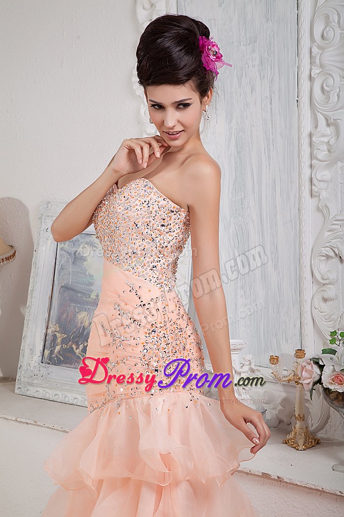 Cheap Sweetheart Beaded Peach Prom Dress with Ruffled Layers