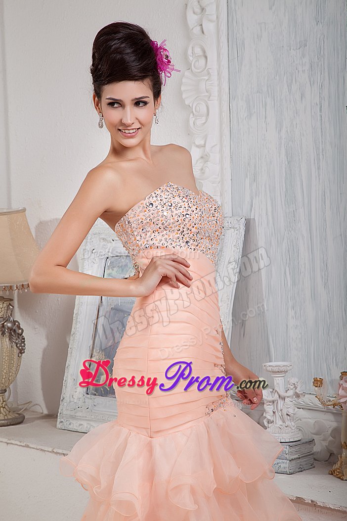 Cheap Sweetheart Beaded Peach Prom Dress with Ruffled Layers