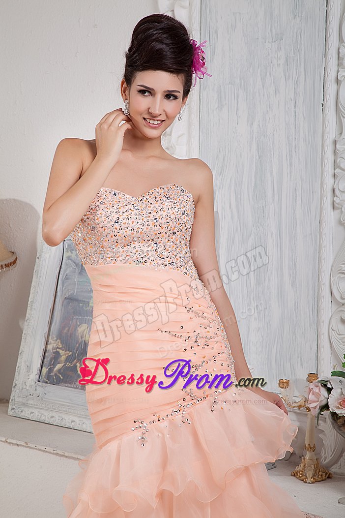Cheap Sweetheart Beaded Peach Prom Dress with Ruffled Layers