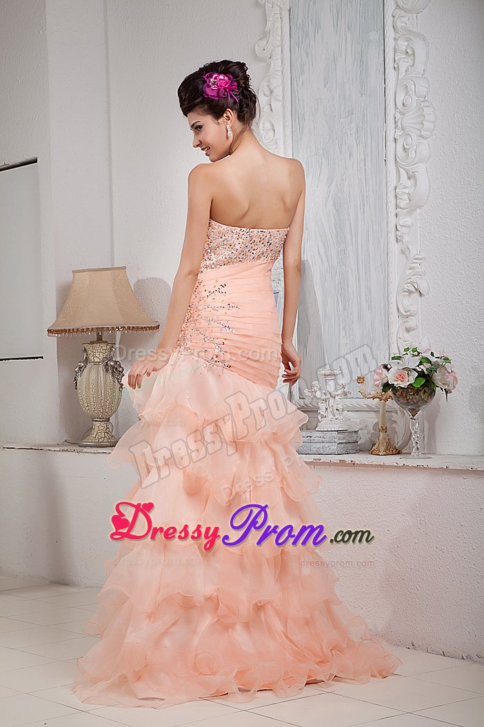 Cheap Sweetheart Beaded Peach Prom Dress with Ruffled Layers