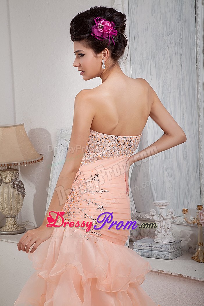 Cheap Sweetheart Beaded Peach Prom Dress with Ruffled Layers