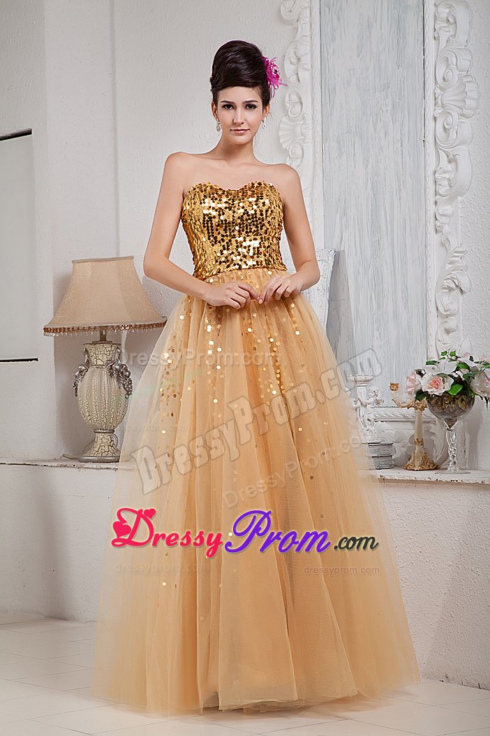 Tulle Sequins Sweetheart Gold Prom Celebrity Dress Wholesale