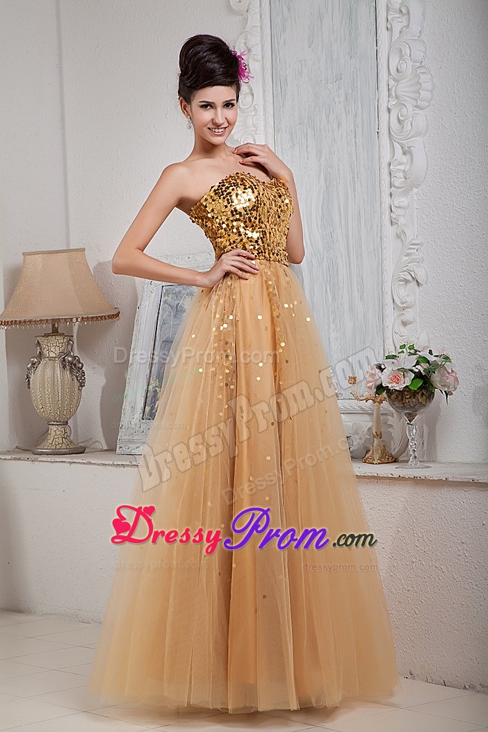 Tulle Sequins Sweetheart Gold Prom Celebrity Dress Wholesale
