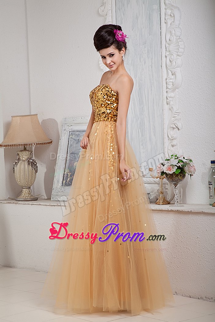 Tulle Sequins Sweetheart Gold Prom Celebrity Dress Wholesale