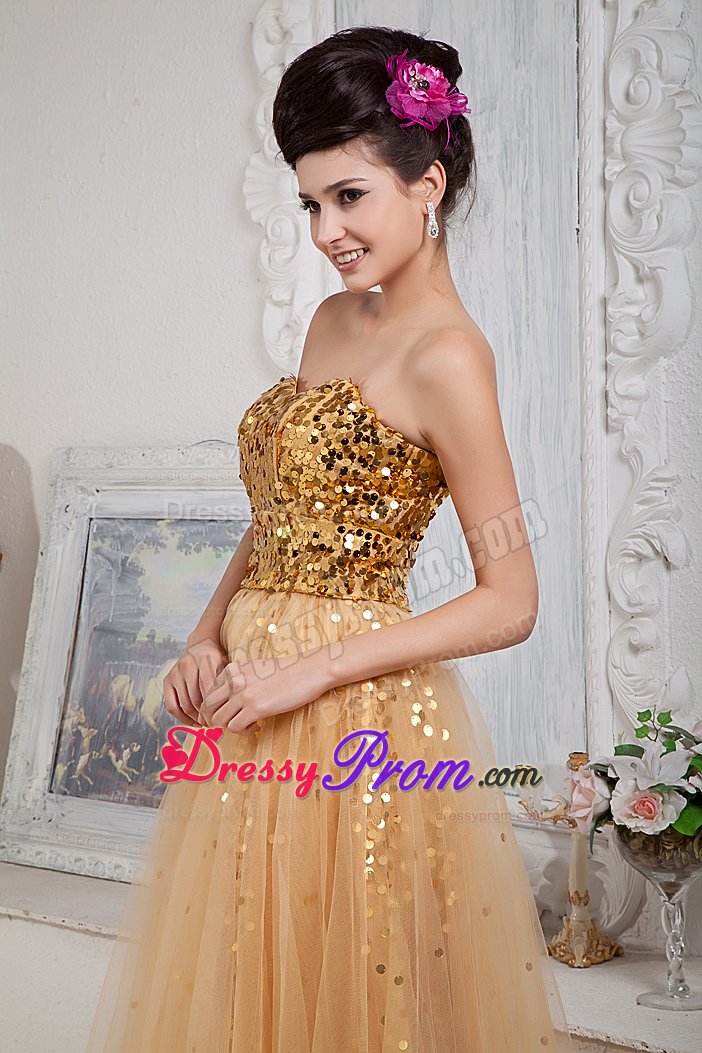 Tulle Sequins Sweetheart Gold Prom Celebrity Dress Wholesale