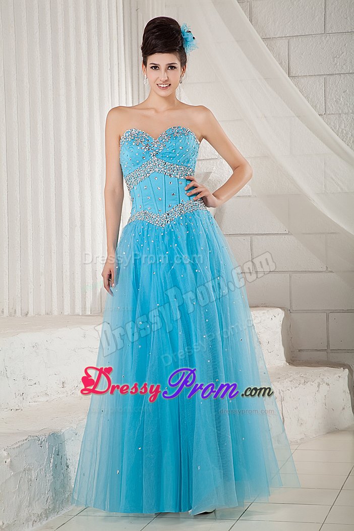 2014 Tulle Aqua Blue Sweetheart Beaded Prom Graduation Dress