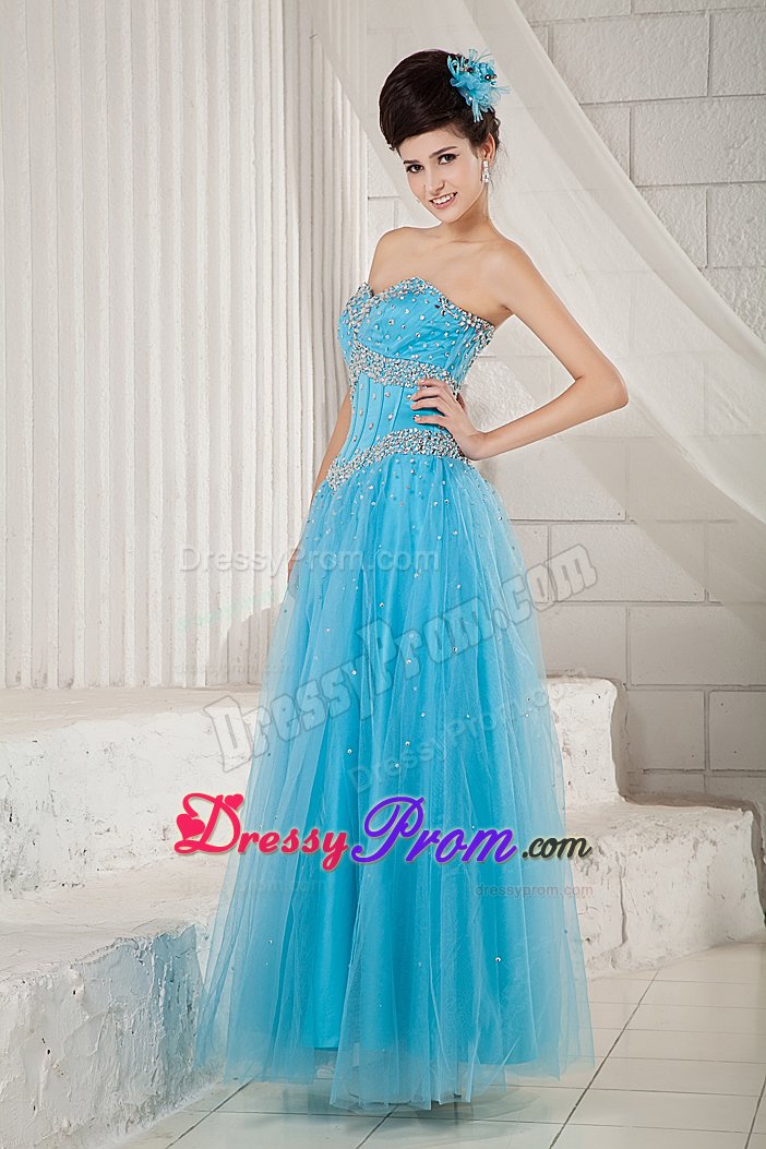 2014 Tulle Aqua Blue Sweetheart Beaded Prom Graduation Dress