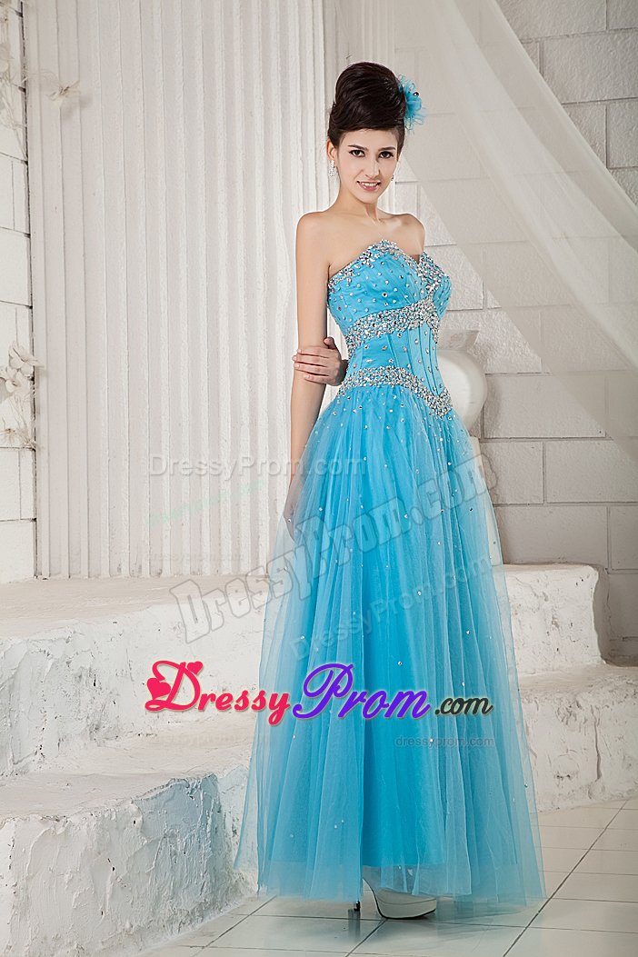 2014 Tulle Aqua Blue Sweetheart Beaded Prom Graduation Dress