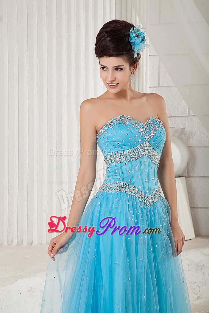 2014 Tulle Aqua Blue Sweetheart Beaded Prom Graduation Dress