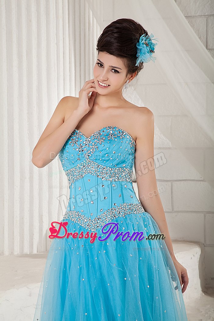 2014 Tulle Aqua Blue Sweetheart Beaded Prom Graduation Dress