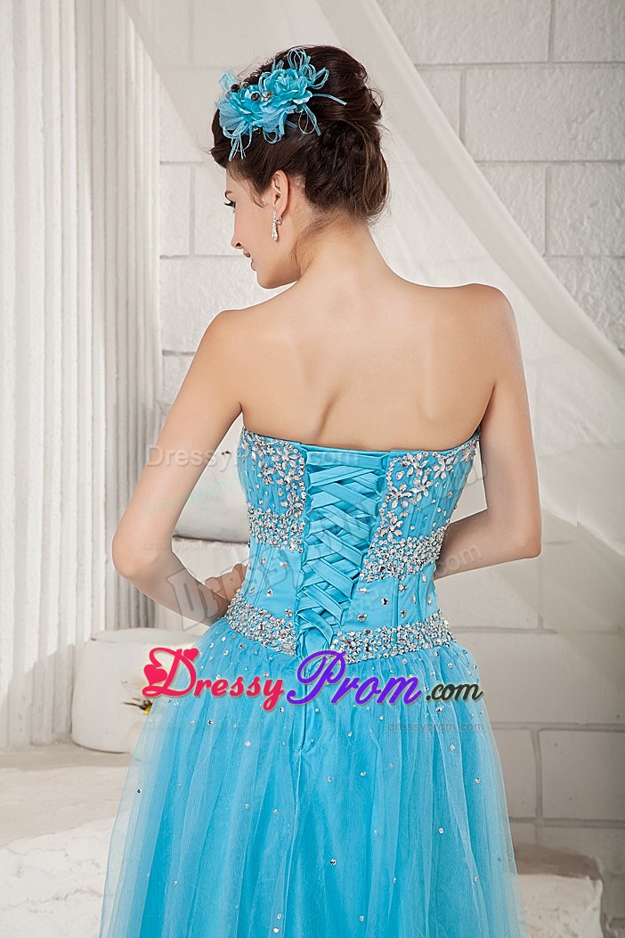 2014 Tulle Aqua Blue Sweetheart Beaded Prom Graduation Dress