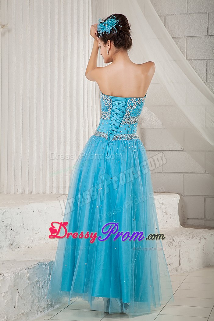 2014 Tulle Aqua Blue Sweetheart Beaded Prom Graduation Dress
