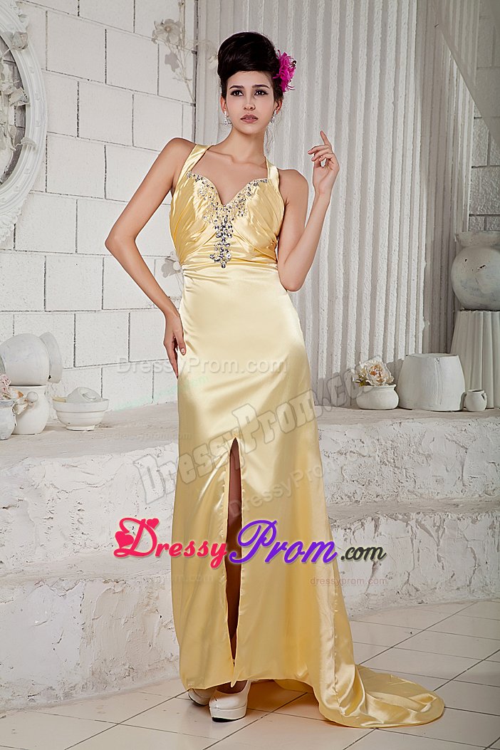 Straps Gold Prom Dresses with Rhinestones and Crisscross Back