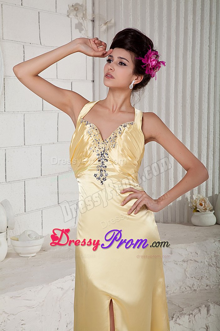 Straps Gold Prom Dresses with Rhinestones and Crisscross Back