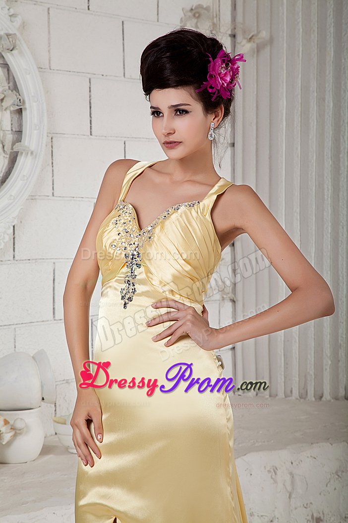 Straps Gold Prom Dresses with Rhinestones and Crisscross Back