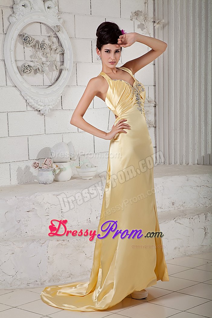 Straps Gold Prom Dresses with Rhinestones and Crisscross Back