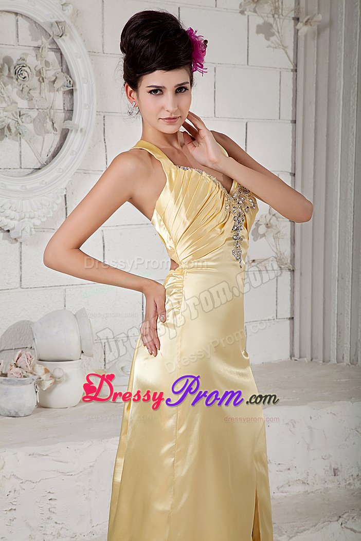 Straps Gold Prom Dresses with Rhinestones and Crisscross Back
