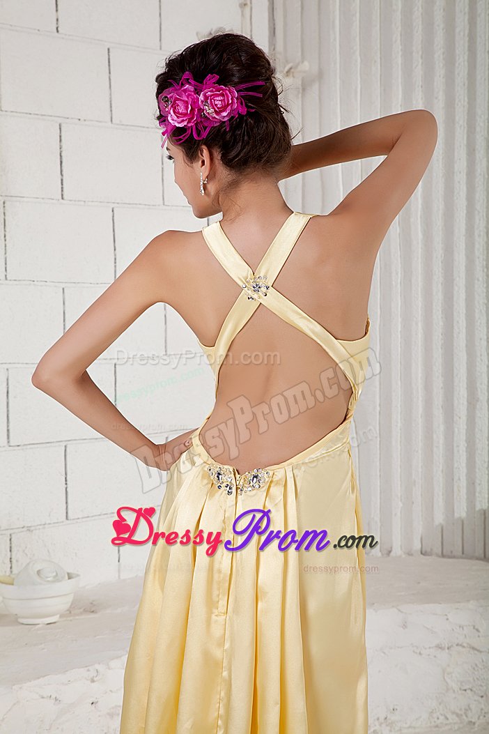 Straps Gold Prom Dresses with Rhinestones and Crisscross Back