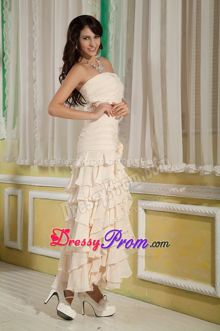 Champagne Flowers Ruffled Prom Dress for Ladies Ankle-length