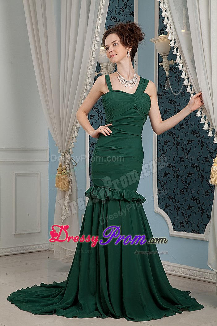 Cheap Brush Train Ruched Dark Green Prom Dress Factory