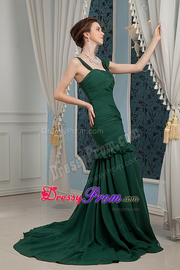 Cheap Brush Train Ruched Dark Green Prom Dress Factory