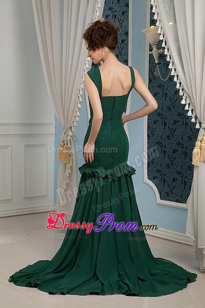 Cheap Brush Train Ruched Dark Green Prom Dress Factory
