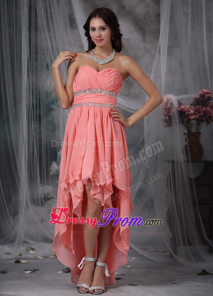 Sweetheart High-low Beaded Ruched Watermelon Red Prom Dress