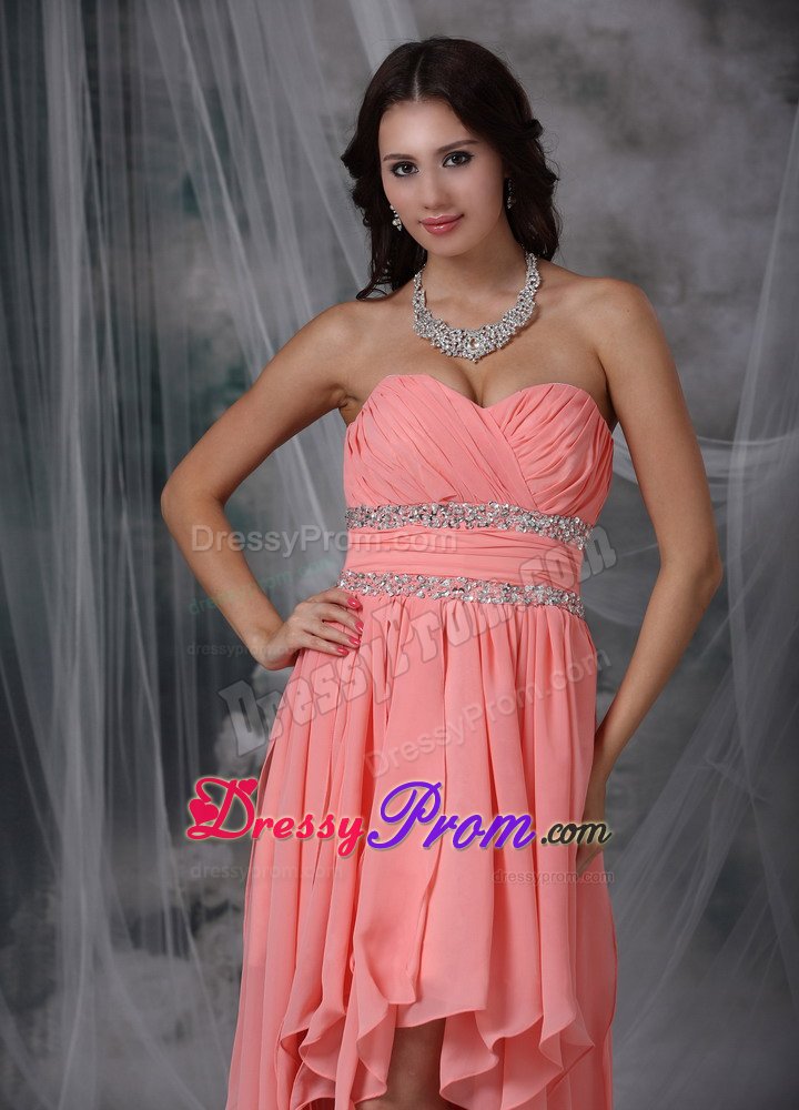 Sweetheart High-low Beaded Ruched Watermelon Red Prom Dress