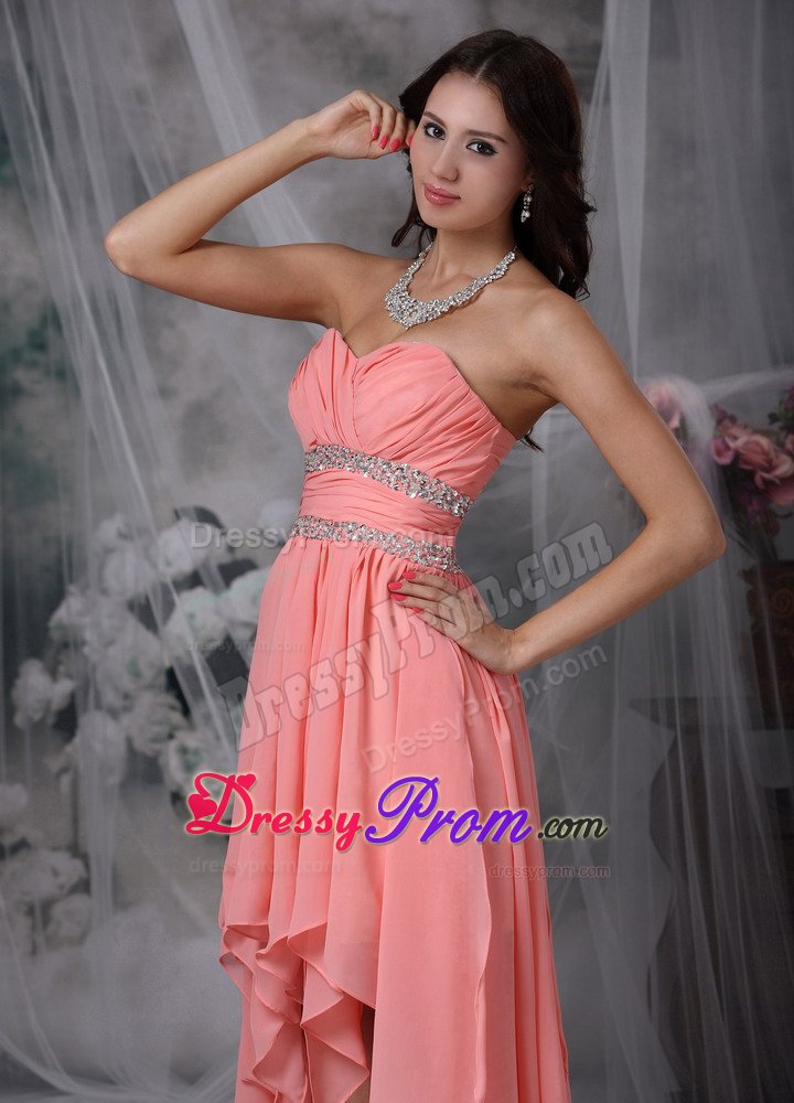 Sweetheart High-low Beaded Ruched Watermelon Red Prom Dress
