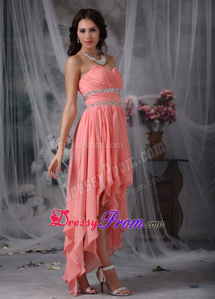 Sweetheart High-low Beaded Ruched Watermelon Red Prom Dress