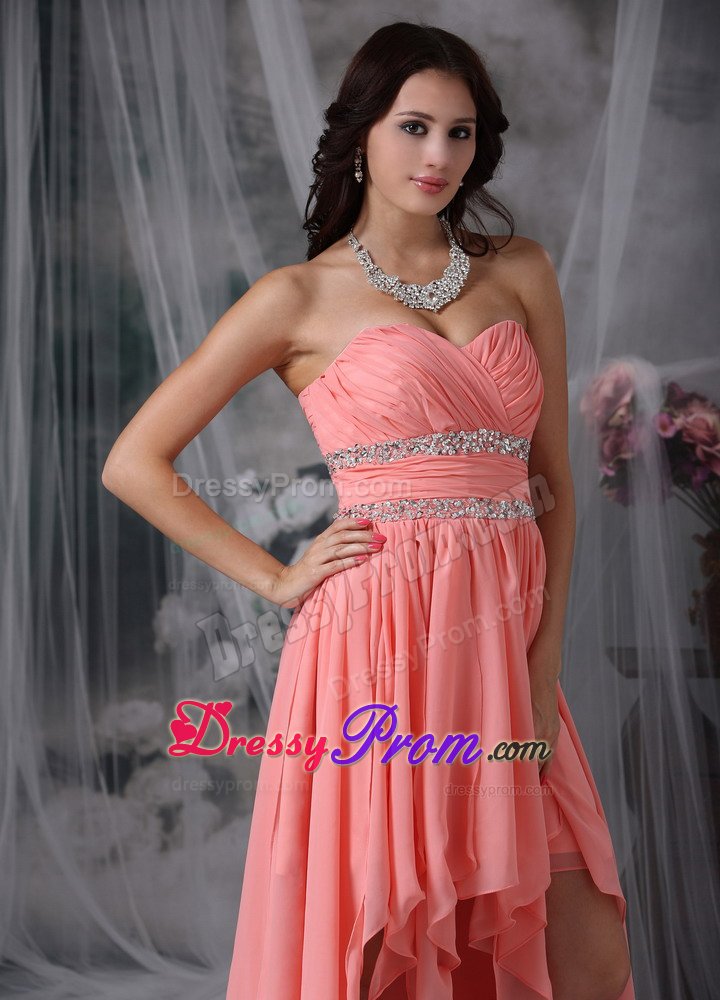 Sweetheart High-low Beaded Ruched Watermelon Red Prom Dress