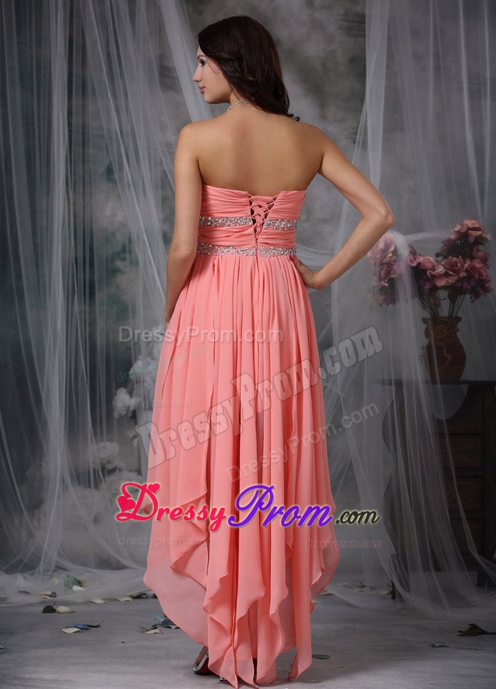 Sweetheart High-low Beaded Ruched Watermelon Red Prom Dress