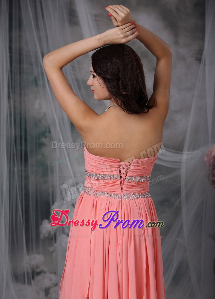 Sweetheart High-low Beaded Ruched Watermelon Red Prom Dress