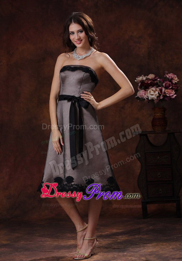 A-line Strapless Tea-length Beaded Ruched Coffee Prom Dress