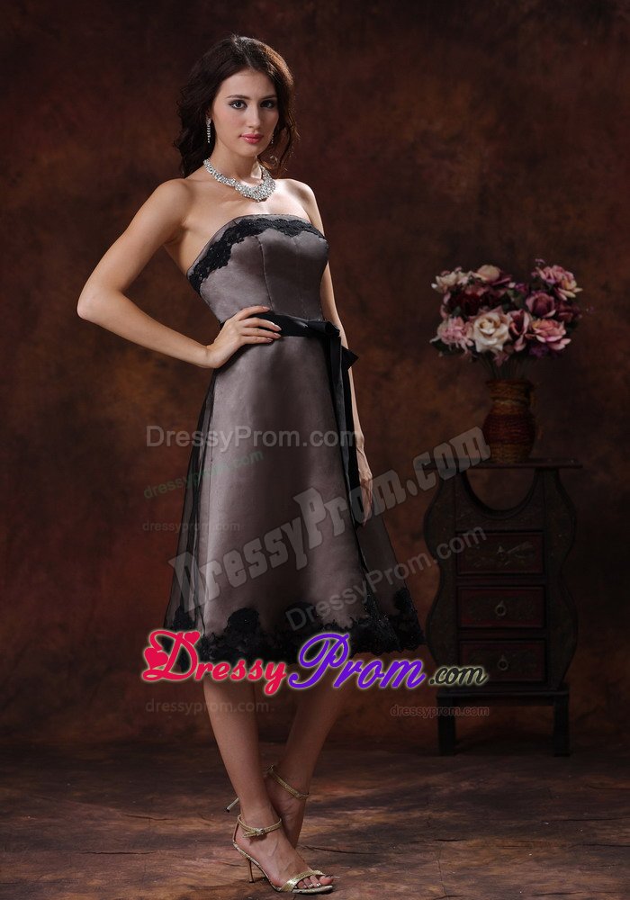 A-line Strapless Tea-length Beaded Ruched Coffee Prom Dress