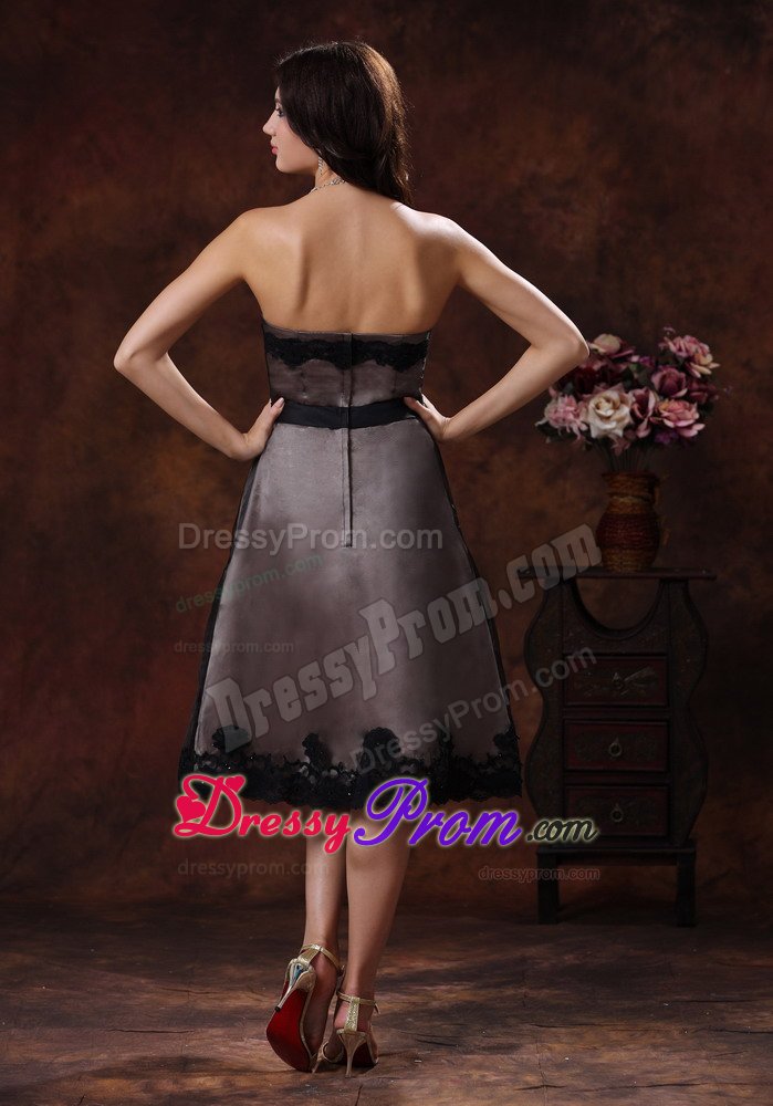 A-line Strapless Tea-length Beaded Ruched Coffee Prom Dress