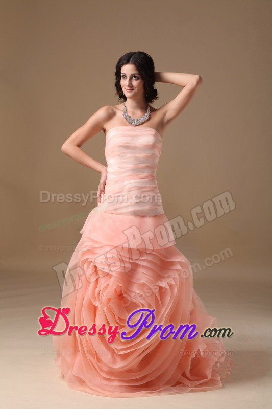 Brush Train Watermelon Red Prom Dress with Rolling Flowers