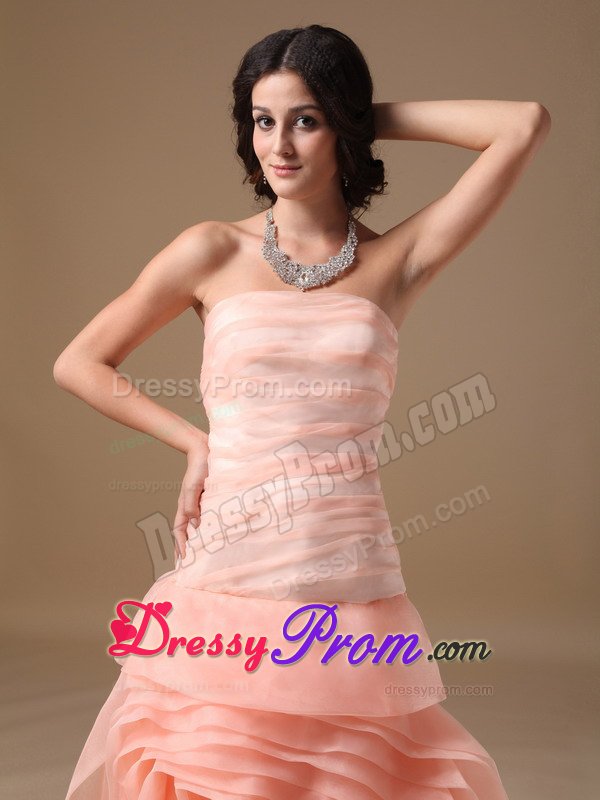 Brush Train Watermelon Red Prom Dress with Rolling Flowers