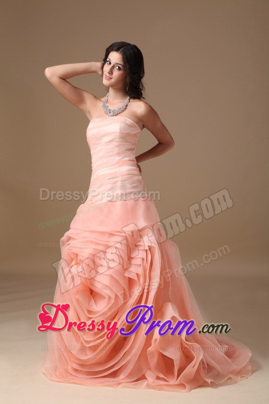 Brush Train Watermelon Red Prom Dress with Rolling Flowers