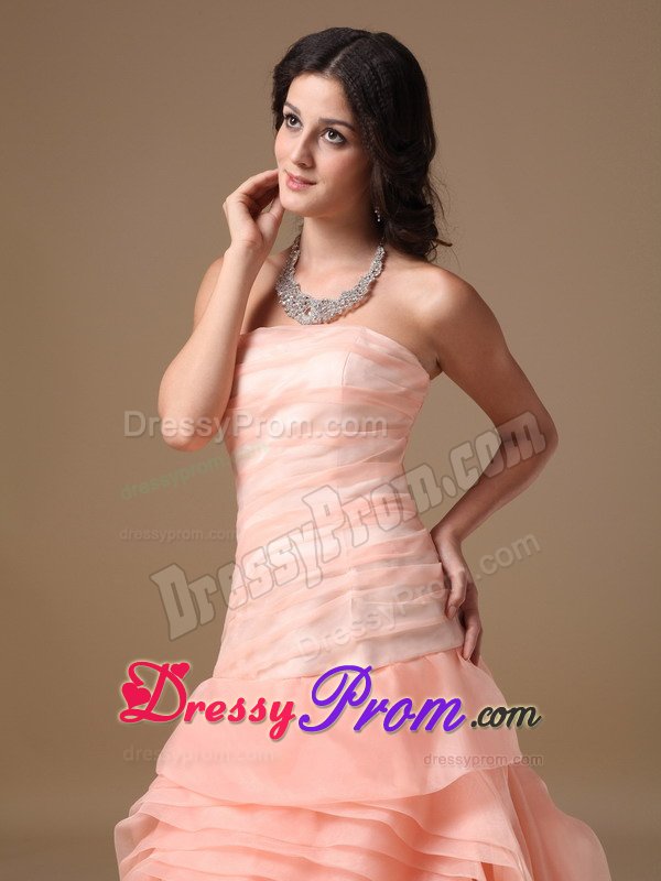 Brush Train Watermelon Red Prom Dress with Rolling Flowers