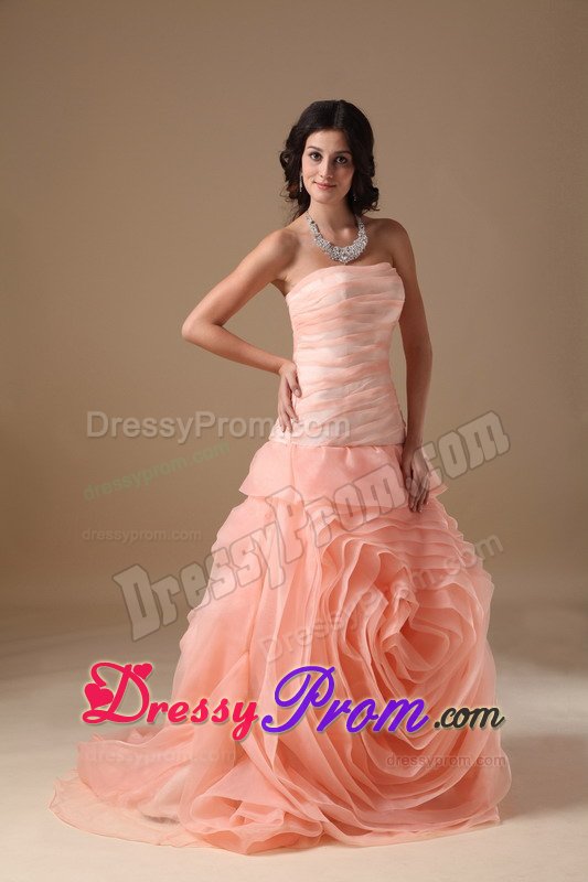 Brush Train Watermelon Red Prom Dress with Rolling Flowers