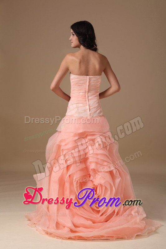 Brush Train Watermelon Red Prom Dress with Rolling Flowers