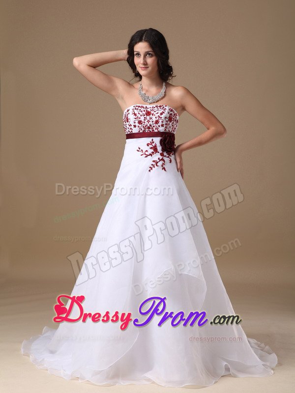 A-line Strapless White Prom Dress with Red Appliques Court Train