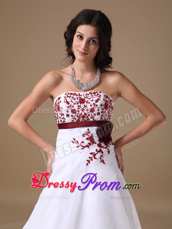 A-line Strapless White Prom Dress with Red Appliques Court Train