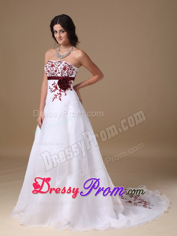A-line Strapless White Prom Dress with Red Appliques Court Train