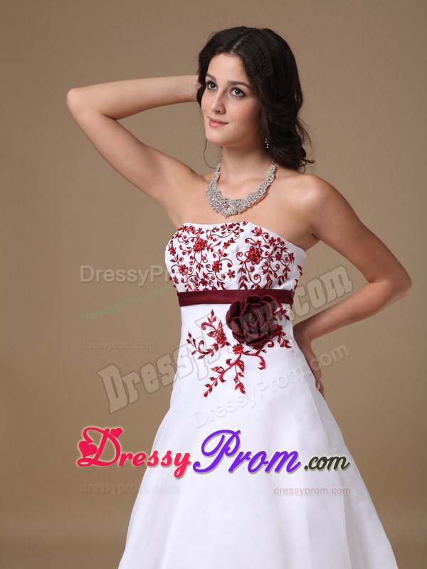 A-line Strapless White Prom Dress with Red Appliques Court Train