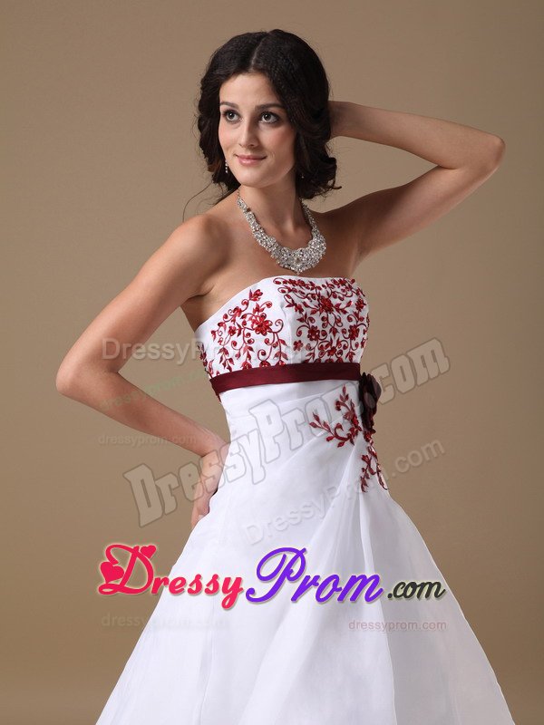 A-line Strapless White Prom Dress with Red Appliques Court Train