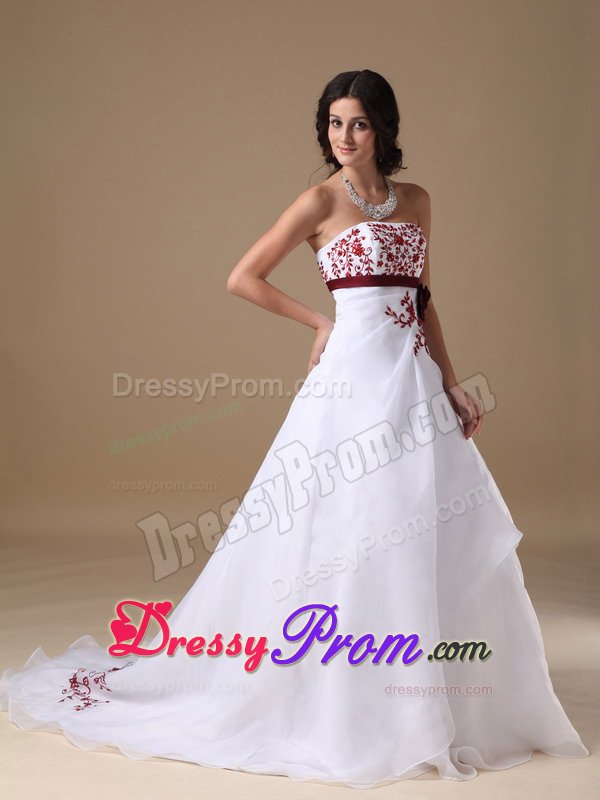 A-line Strapless White Prom Dress with Red Appliques Court Train